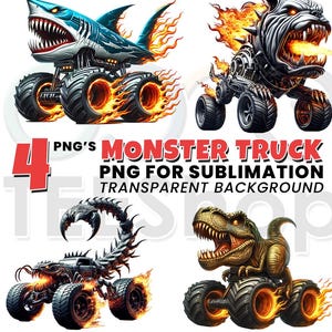 4 Animals Monster Truck PNG for Sublimation | High Definition Animals Monster Truck | Monster Truck PNG Designs for Tshirt, Sweatshirt, Mugs