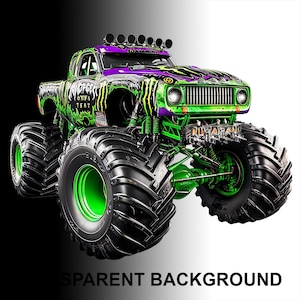 May include: A vibrant monster truck with a green and purple color scheme, featuring large black tires with green rims. The truck has the text "Monster" and "RUKAPAN" on it. The background is a gradient of black and white.