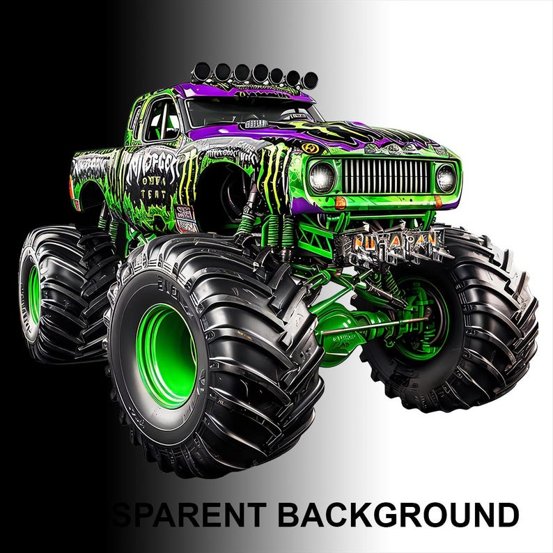 May include: A vibrant monster truck with a green and purple color scheme, featuring large black tires with green rims. The truck has the text "Monster" and "RUKAPAN" on it. The background is a gradient of black and white.