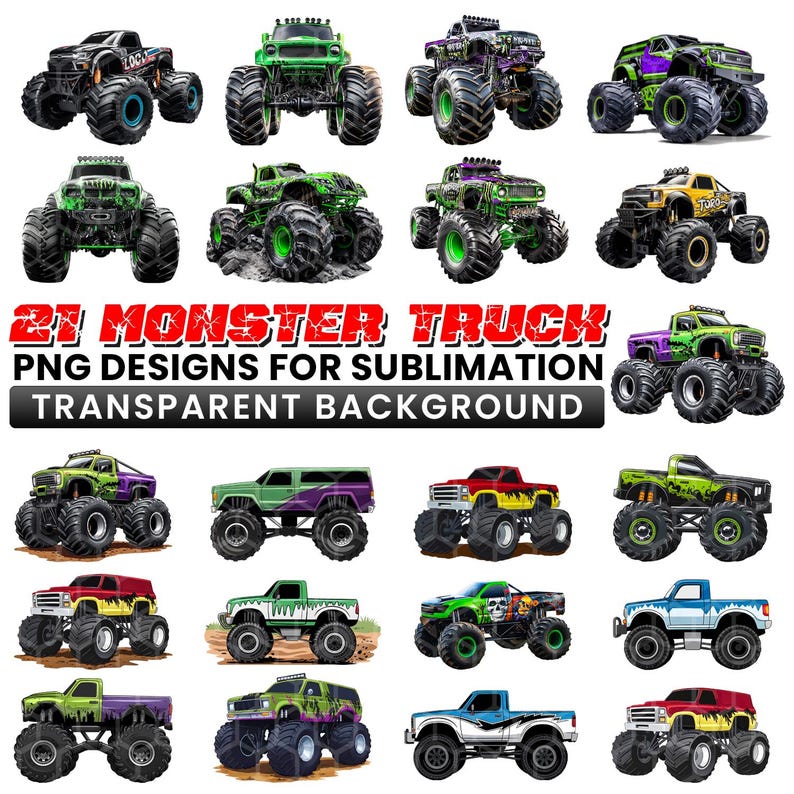 May include: A collection of 21 monster truck PNG designs for sublimation with a transparent background. The trucks are in various colors, including black, green, purple, yellow, red, and blue. Each truck has large tires and a detailed design.