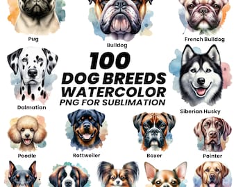 Dog Breeds Watercolor PNG | Dog Breed portraits | Pet Dog Wall Art | Dog Breeds Digital Art | Dog Painting PNG | Dog Bundle | Commercial use