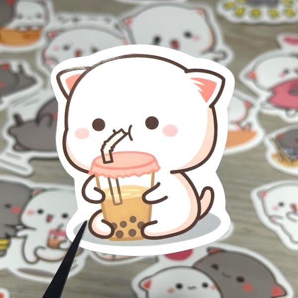 Kawaii Mochi Peach Cat Sticker Waterproof Decals - 52 pc Assorted Pack + 10 Bonus stickers!