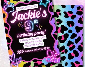 Retro Neon Birthday Invitation, Editable, Rainbow Cheetah