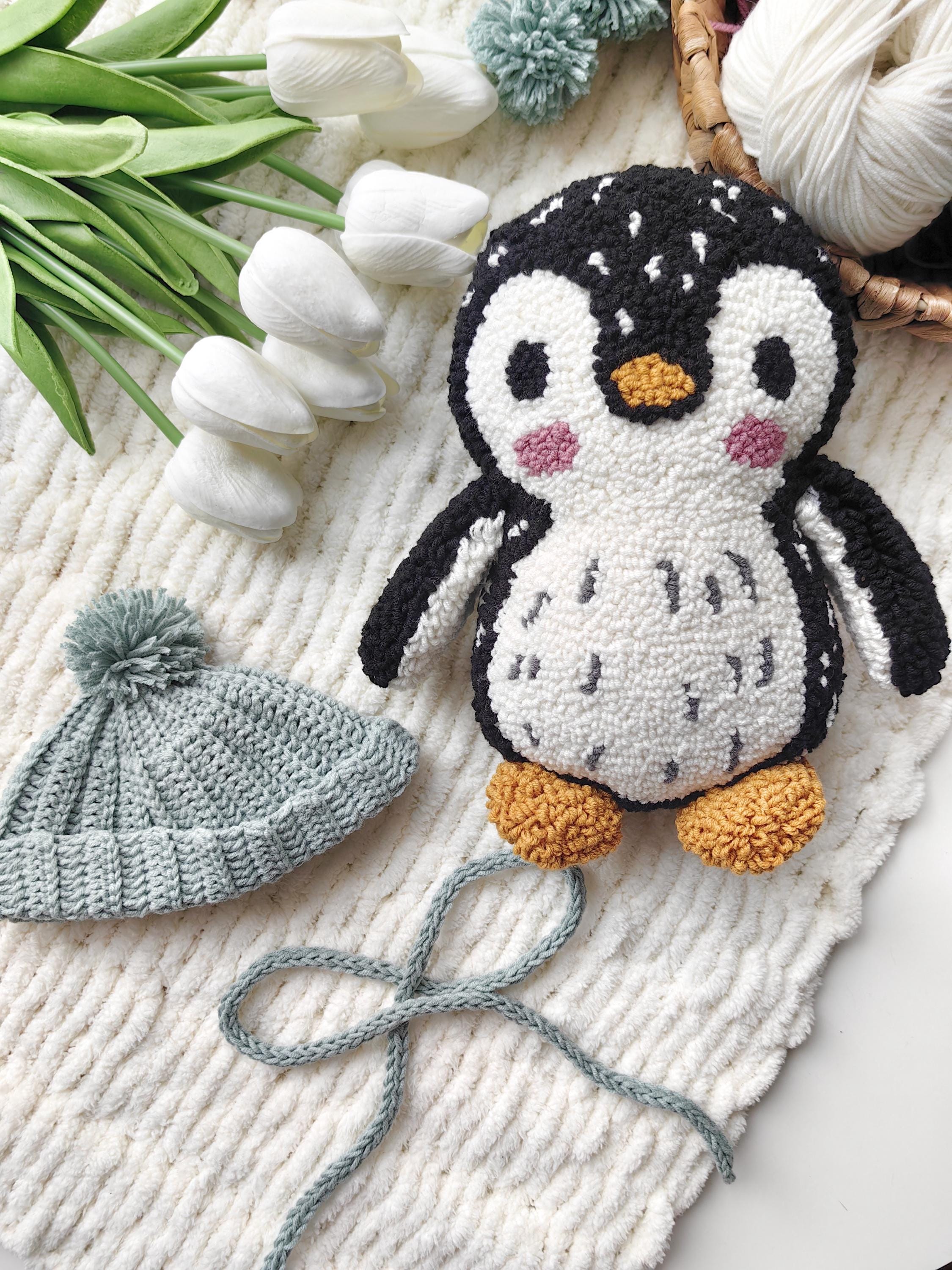 Handmade Punch Needle Penguin Plush, Knitted Hat, Nursery Decor - Etsy