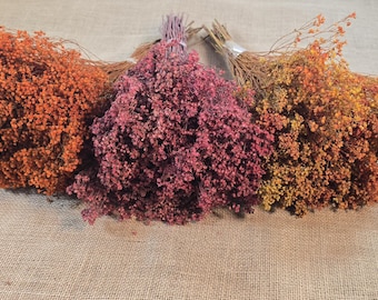 May include: Three bundles of dried flowers in shades of orange, burgundy, and yellow-orange. The flowers have a delicate, textured appearance and are tied together with twine. The background is a neutral, textured fabric.