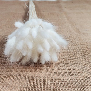 May include: A bunch of white fluffy pampas grass stems tied together. The stems are arranged in a circular shape and are sitting on a brown burlap surface.