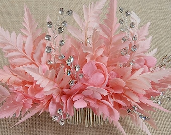 Dried Flower, Silver Shiny Crystal And Pink Ferns Hydrangea, Preseved Flower Hair Comb, Fall, Beach and Tropical Wedding, Prom, Summer, 6oz