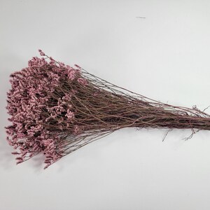 May include: A bunch of dried pink statice flowers with long brown stems.