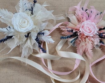 Preserved Dried Flower Wrist Corsage For Wedding, Preserved Roses, Preserved Lavender And White Ferns 6"X6", 7oz