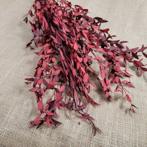 May include: A bunch of dried red eucalyptus leaves, arranged in a cascading pattern, against a burlap background.