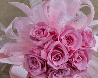 Preserved Pink Rose Wedding Bouquet: Bridesmaid Flowers, Matching Boutonniere