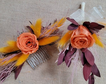 Preseved Flower Hair Comb, Fall, Rustic Wedding, Dried Floral Comb, Clip, Corsage, Prom, Yellow, Purple, Pink Summer 8oz Size 8 x 6x 4