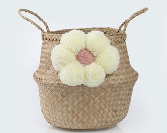 Pink Daisy Pom Pom Natural Belly Baskets Vietnamese Seagrass With Handles Handmade Home Decor Storage Basket Flower Design UK