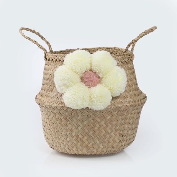 Pink Daisy Pom Pom Natural Belly Baskets Vietnamese Seagrass With Handles Handmade Home Decor Storage Basket Flower Design UK