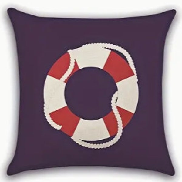 Summer Nautical Beach Theme Life Preserver Ring Red White and Blue Stripes Linen Pillow Cover Size 18x18