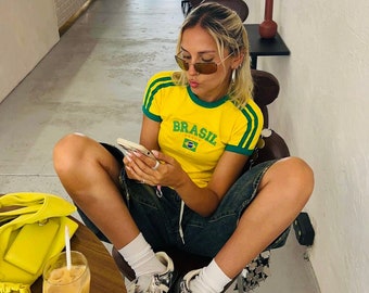 Brasil Y2K Crop Top Baby Tee Drapeau du Brésil Blokette Blokecore Tshirt esthétique Vêtements femme Camisole mignonne vintage Maillot de football jaune d'été