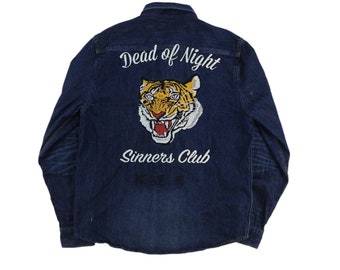 Vintage Shirt Embroidered Denim Shirt Button Up Tiger Graphic Blue Size Medium