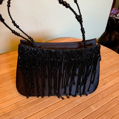 Bijoux Terner Womans Black Satin Beaded Clutch Evening Bag Purse Beaded  Handles
