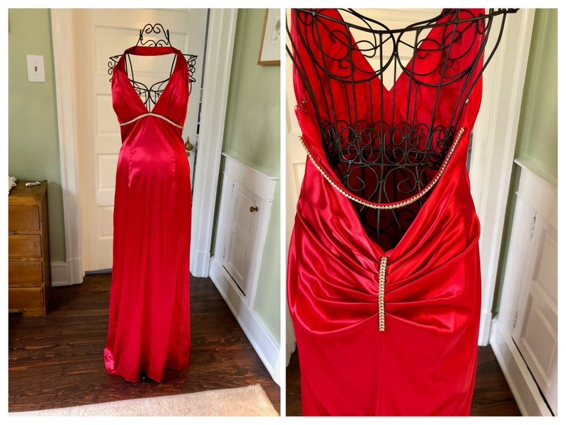 Vintage Y2K Red Satin Prom Dress With Low Back Rhinestones - Etsy Hong Kong