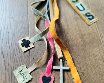 Handmade Jesus Bible Bookmark – Multi-Color Ribbons, Leather, Cross Charm