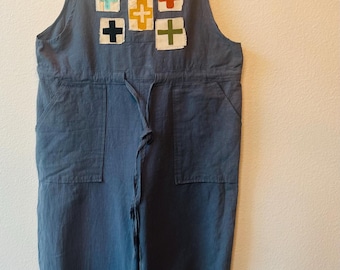 Linen Romper Overalls – Dusty Blue Boho, Hand-Painted Cross Patches, Ticking Fabric Trim