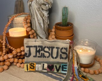 Handmade JESUS is LOVE Pen Pouch – Bible Study Accessory, Boho Christian Statement Bag