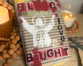 Cotton Canvas and Fabric Bible Cover Sleeve BLOOD BOUGHT - Boho Style Christian Bible Study Accessory One of a Kind- Ribbon Tie Closure
