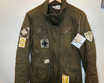 Upcycled Women’s Style Military Jacket, Hand-Painted Patches Christian Statement Wearable Art - Medium