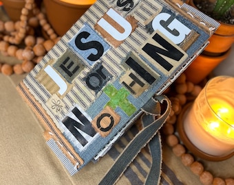 Patchwork Cotton Canvas Bible Cover – JESUS or NOTHING, Boho Christian Study Accessory