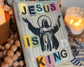 Patchwork Canvas Journal Cover JESUS IS KING with A5 Graph Journal (Boho Style)