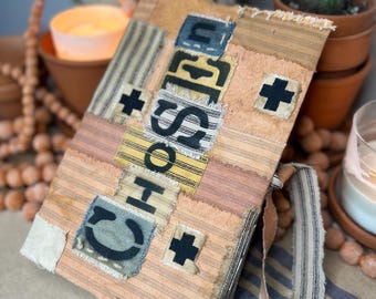 Patchwork Bible Cover Sleeve – Earthy Boho Christian Study Accessory (Handmade)