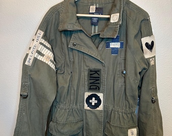 Upcycled Women’s Military Jacket, Hand-Painted KING JESUS Christian Patches, Interchangeable Panels Wearable Art