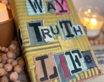 Patchwork Bible Cover – Way Truth Life Boho Christian Study Accessory