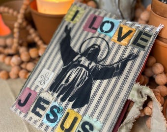 Patchwork Jesus Journal Cover – Boho Repurposed Fabric A5 Sleeve