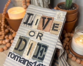 Patchwork Bible Cover Romans 14:8 – Boho Christian Study Accessory, Repurposed Fabric
