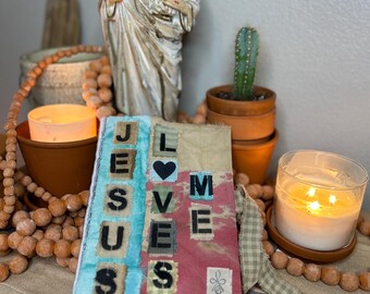 Patchwork Journal Cover Sleeve – JESUS LOVES ME Boho Style (A5 Graph Paper Journal)