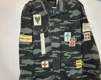 Upcycled Camo Military Jacket, Boho Style Hand-Painted Colorful Christian Patches, Interchangeable Back Panels