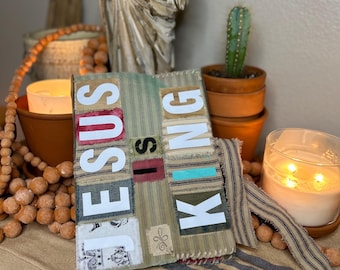 Patchwork Journal Cover Sleeve JESUS IS KING – Boho Christian Statement (A5 Journal)
