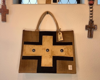 Burlap Bible Tote Bag – Rustic Leather Cross Concho, Pen Holder
