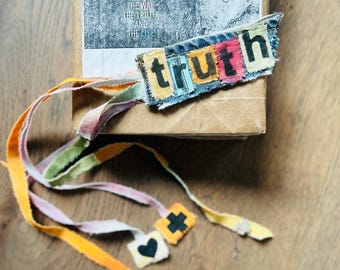 Handmade TRUTH Multicolor and Denim with 4 Ribbons Bible Bookmark  – Boho Study Accessory