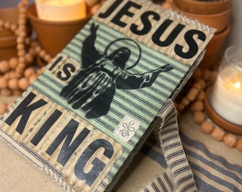 Patchwork Cotton Canvas Bible Cover – JESUS is KING, Boho Christian Study Accessory