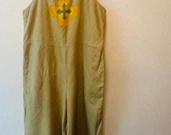 Linen Romper Overalls – Hand-Painted Orthodox Cross, Boho Style Army Green