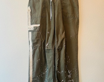 Upcycled Army Green Cargo Pants, Splatter Paint, Ticking Fabric Detail, One-of-a-Kind Wearable Art