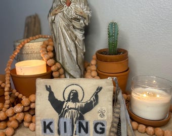Hand-Dyed Canvas Pouch – Jesus KING Bible Study Accessory, Boho Style
