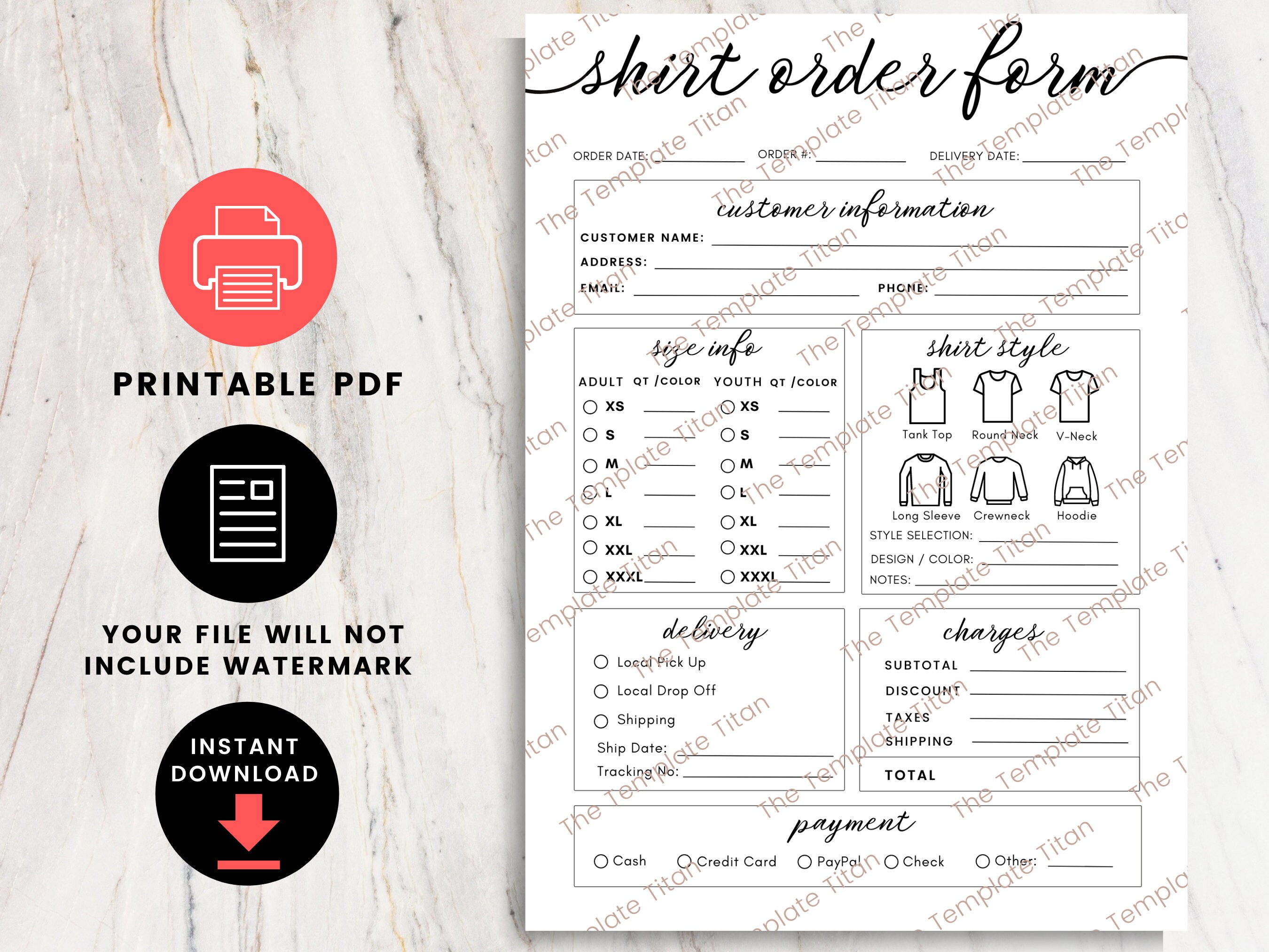 Printable T-shirt Order Form PDF Custom Tshirt Order Form - Etsy