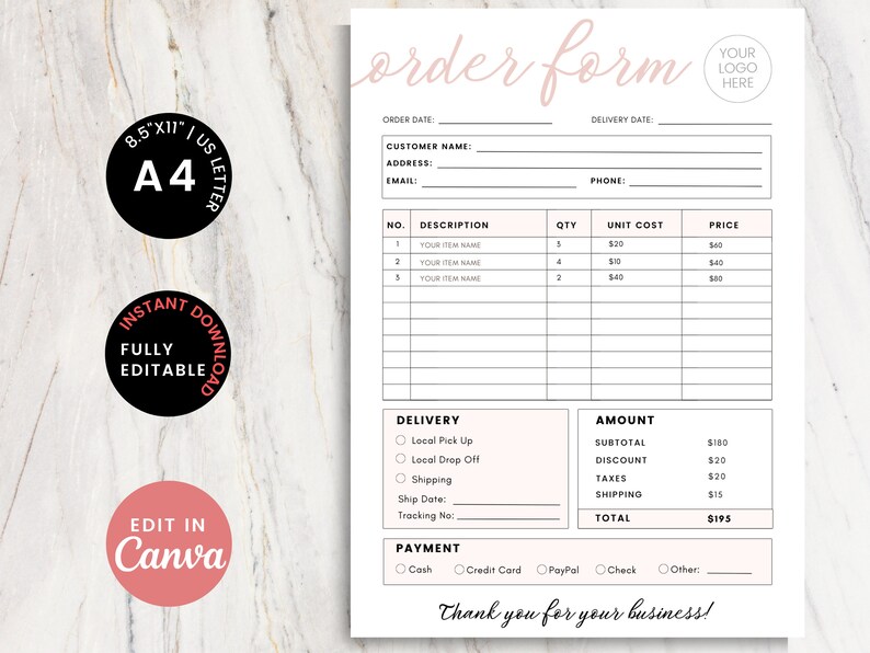 Pretty Custom Order Form Template Fillable Order Form Invoice Template ...