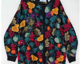 Signatures by Northern Isles Vintage Woll-Cardigan mit floralem Intarsienmuster, Größe L
