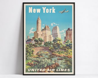Vintage travel poster - New York - Retro - united airlines - A3, A2, A1, A0, 24x36in, 50x70cm .. - Wall art poster