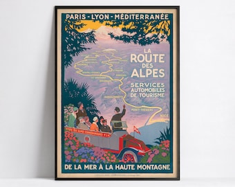 Vintage french poster - The Alps road- A3, A2, A1, A0, 24x36in, 50x70cm ... - Travel - car