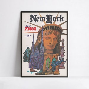 Vintage travel poster  - Fly TWA New York  - A3, A2, A1, 24x36 in, 50x70cm ... - tourism poster - vintage airline poster